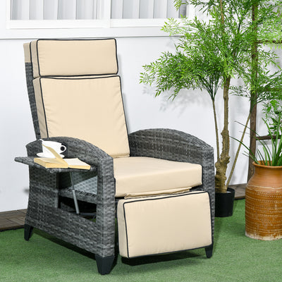 Outdoor Recliner Chair with Cushions, Reclining Patio Lounge Chair with Adjustable Footrest, Armrests, Tray Table