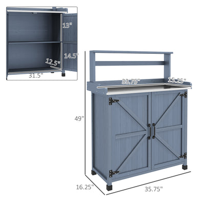 Outdoor Wooden Potting Bench with Storage Cabinet, Shelves, Galvanized Plated Tabletop for Backyard, Balcony