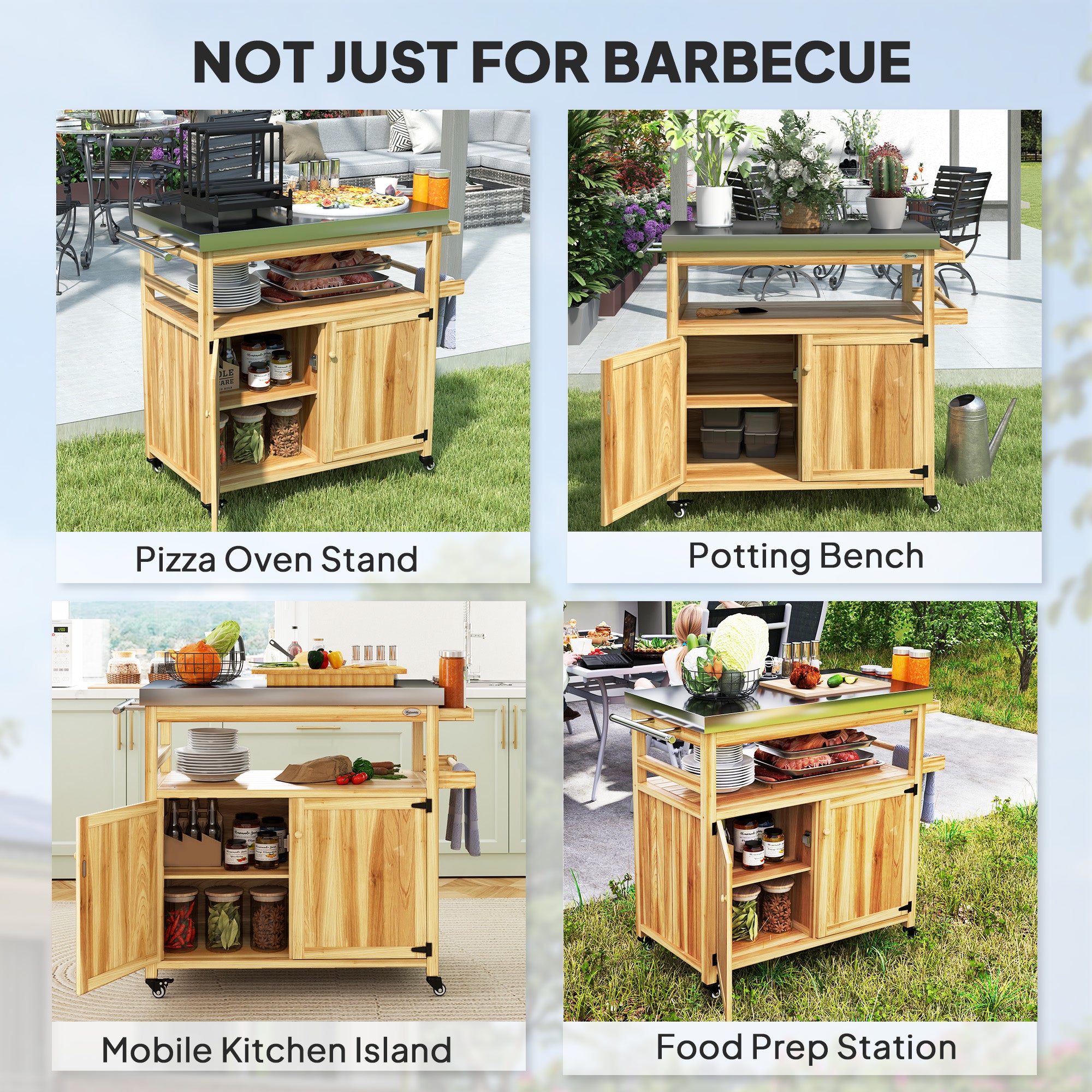 Outdoor Grill Cart w/ Stainless Steel Top, Solid Wood Outdoor Kitchen Island w/ Wheels, Storage Cabinets