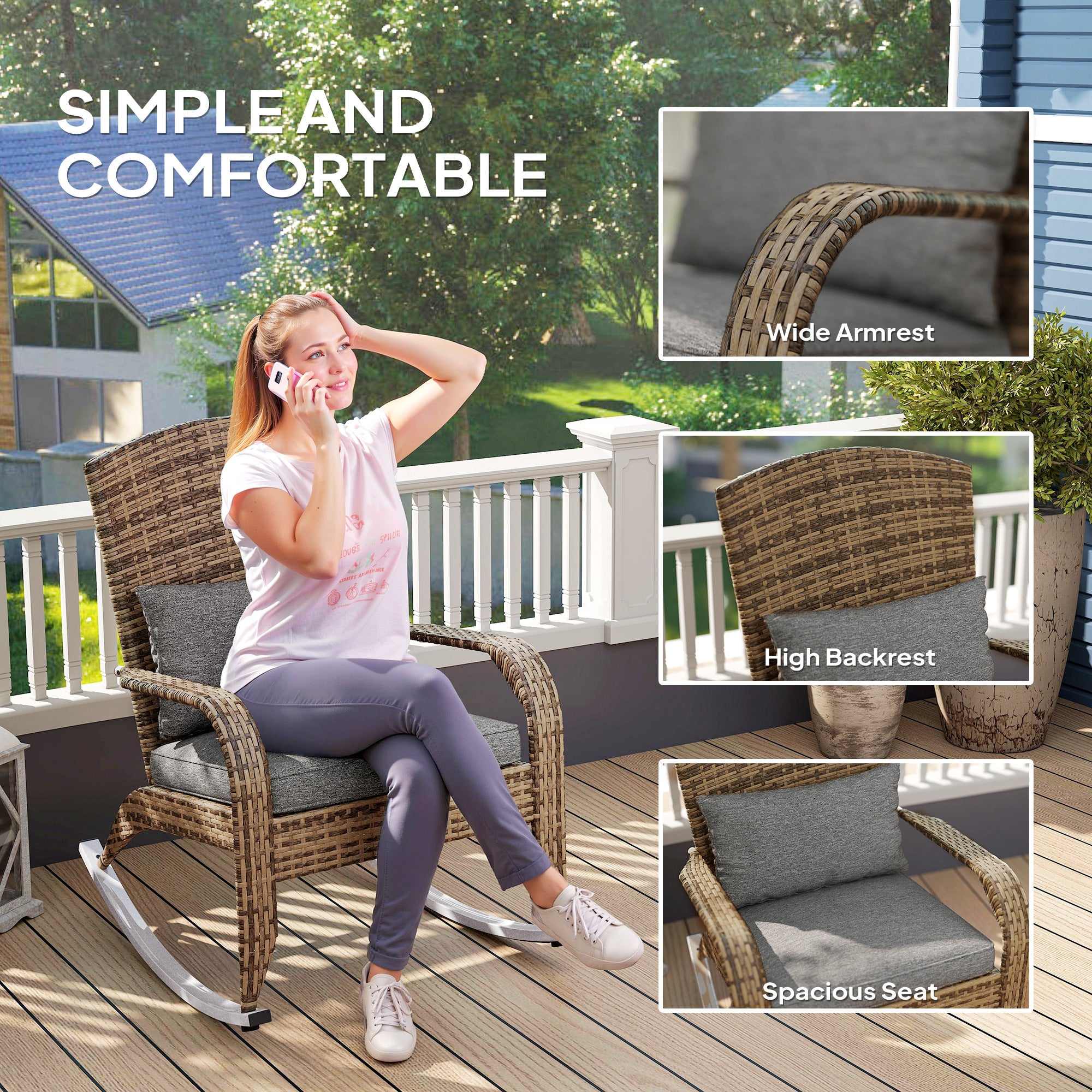 Adirondack Chair, Outdoor Wicker Rocking Chair with High Back, Seat Cushion, and Pillow for Porch, Balcony