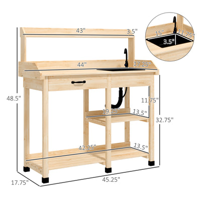 Potting Bench Table, Outdoor Garden Table Wooden Work Station with Removable Sink, Faucet, Drawer, Shelves, Hooks