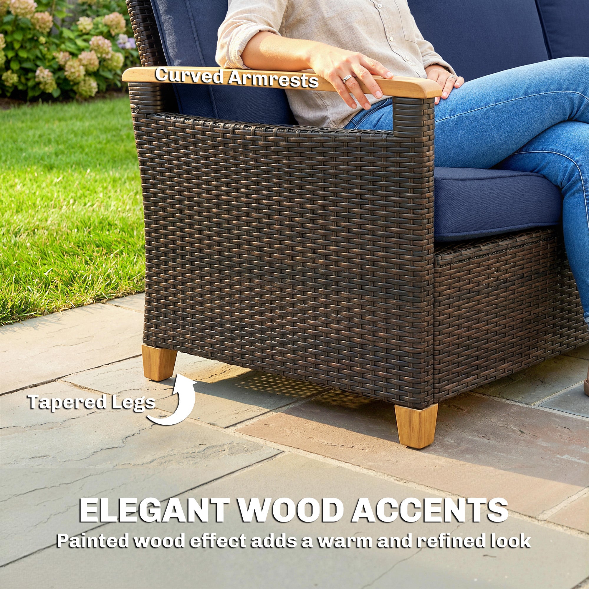 3 Seater Outdoor Couch Sofa, PE Wicker Patio Sofa, Wide Deep Seat, 4" Cushions, Wood-Effect Armrests Legs
