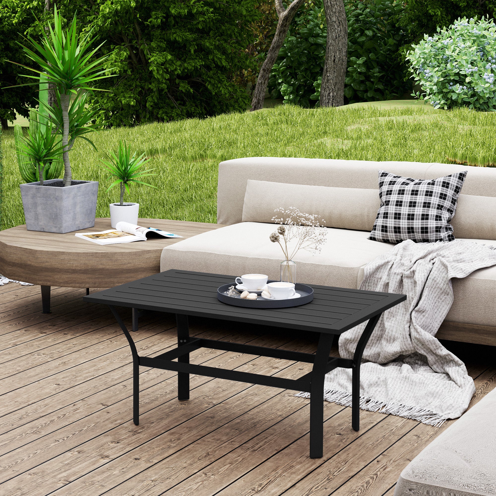 Outdoor Coffee Table with Slatted Tabletop, All-Weather Rectangle Metal Patio Coffee Table for Garden