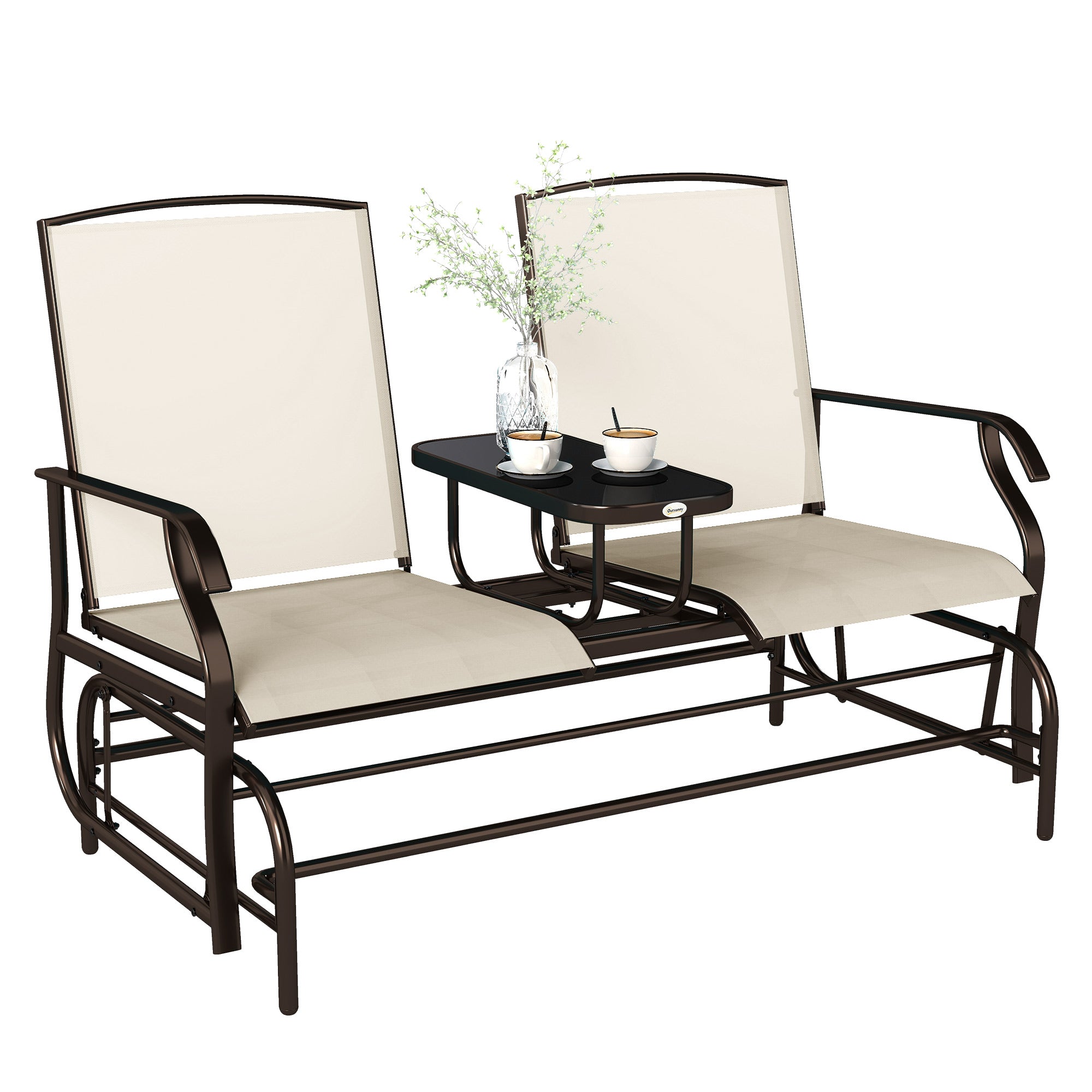 Outdoor Glider Bench with Center Table, Metal Frame Patio Loveseat with Breathable Mesh Fabric and Armrests for Backyard Garden Porch