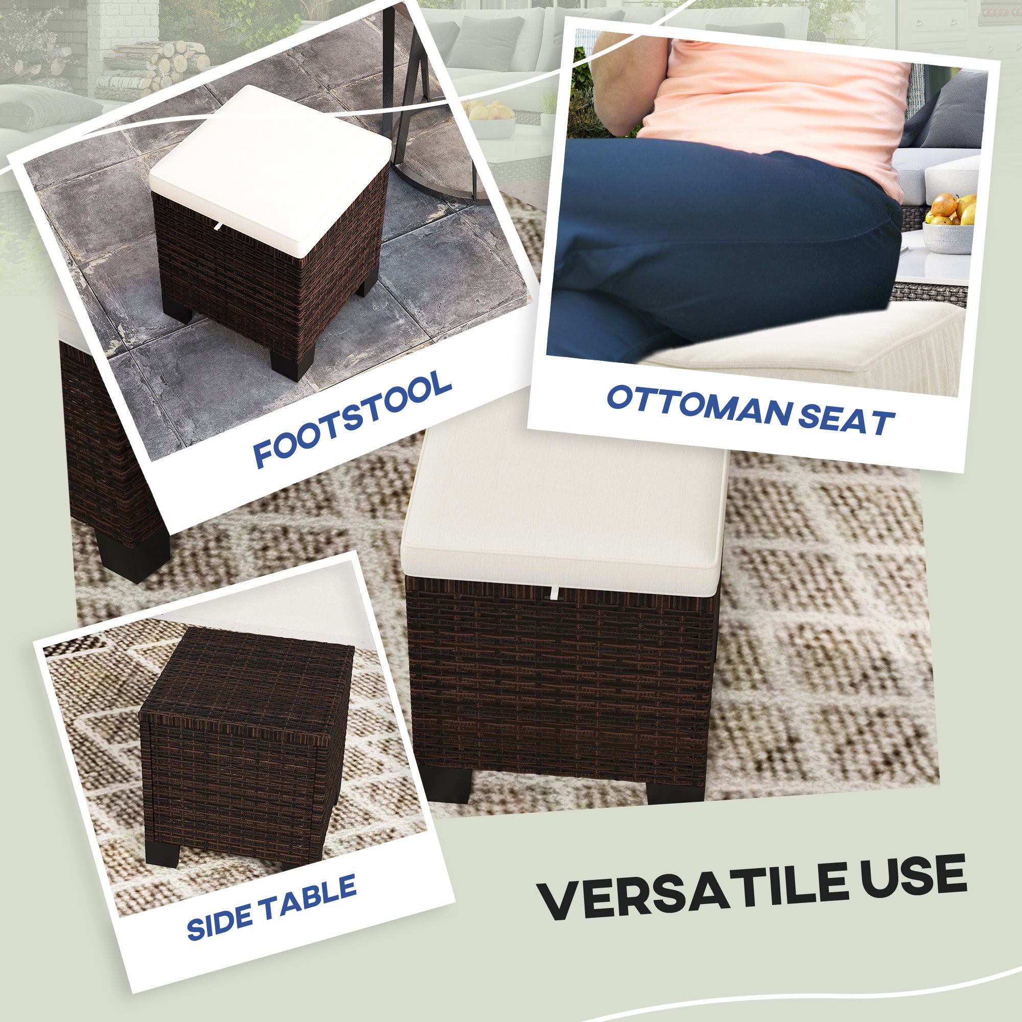 2 Piece Wicker Outdoor Ottomans with Cushions, Rattan Ottoman Footrest and Side Table for Patio, Yard, Poolside