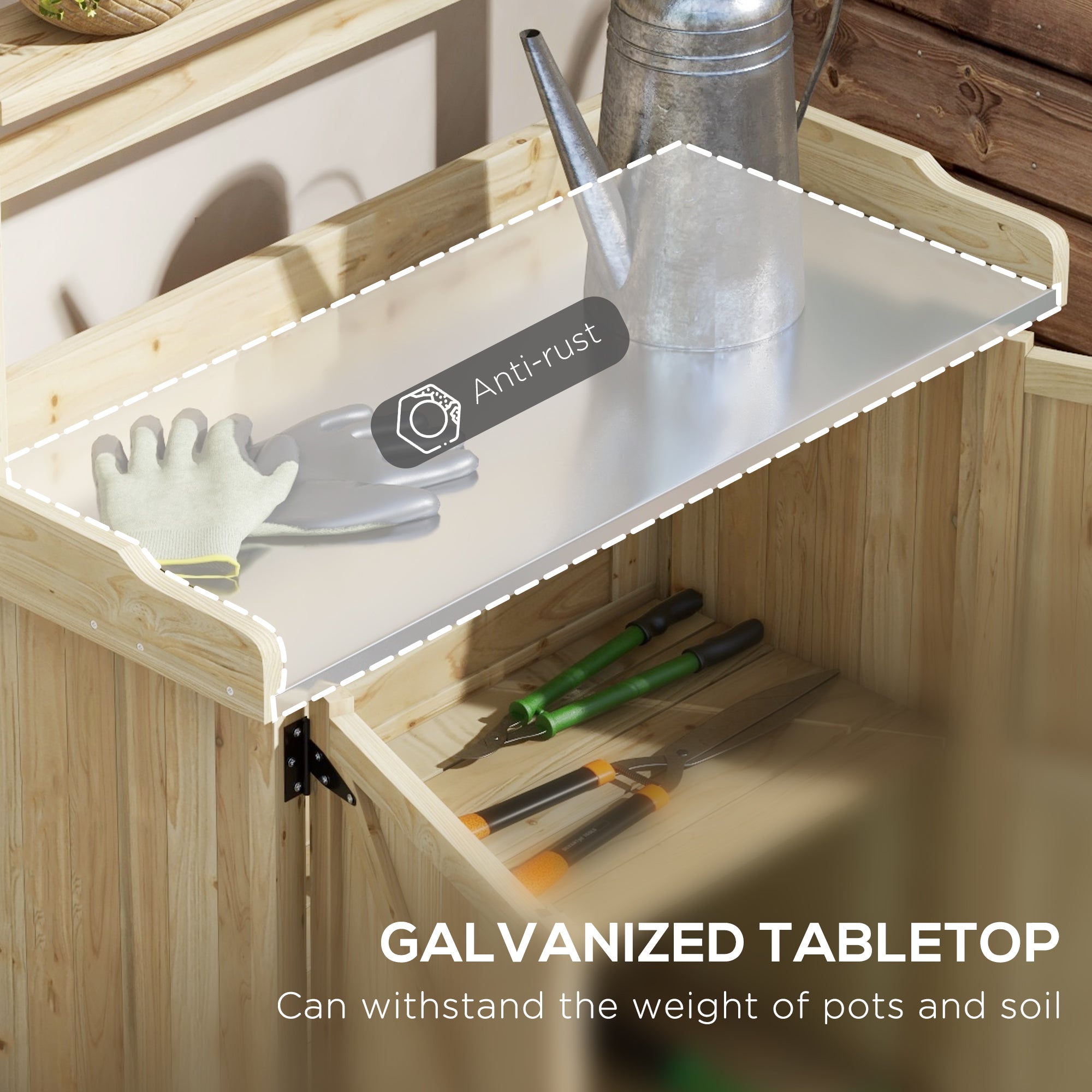 Outdoor Wooden Potting Bench with Storage Cabinet, Shelves, Galvanized Plated Tabletop for Backyard, Balcony