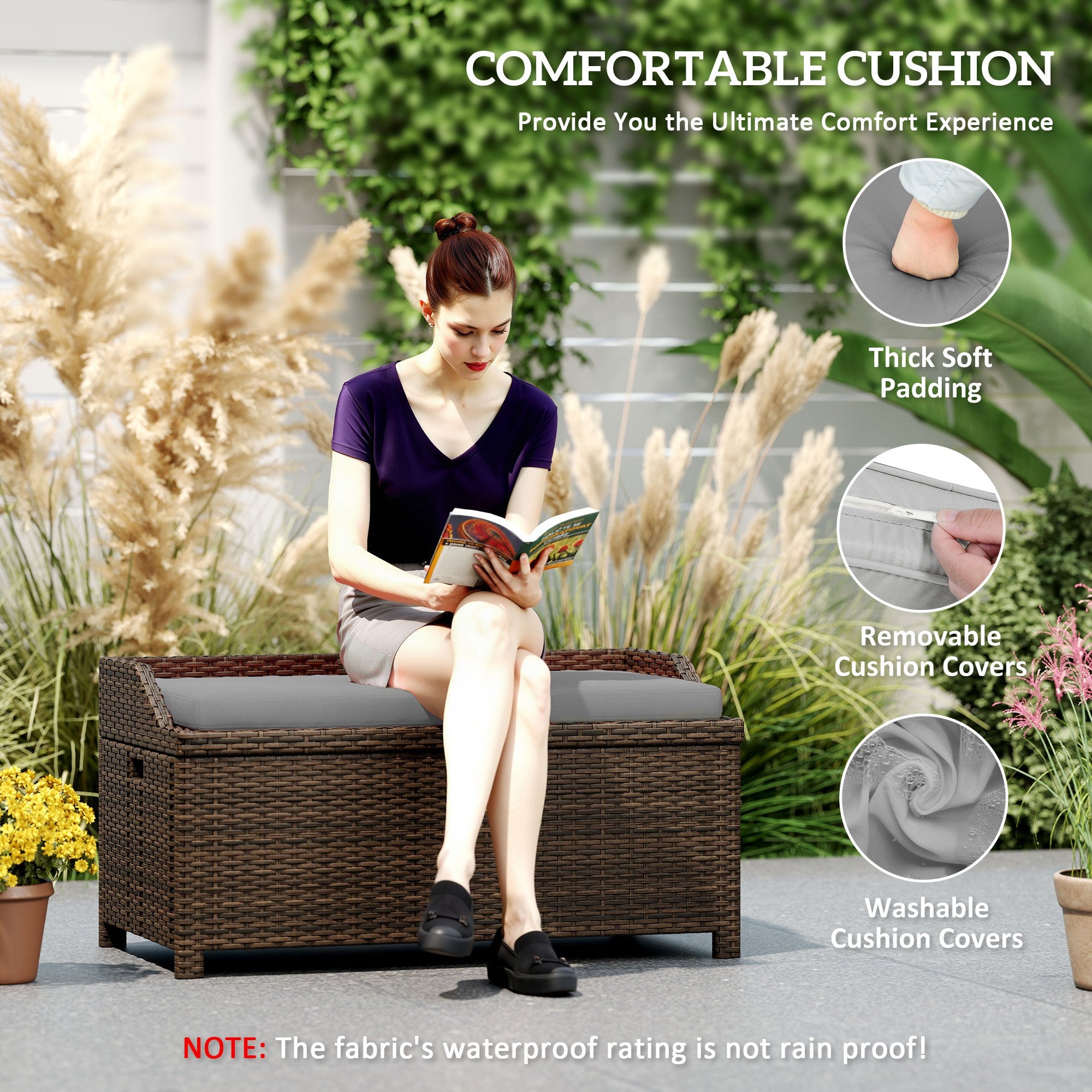 Outdoor Wicker Storage Bench with Storage & Cushion