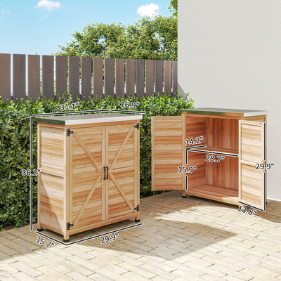 Wooden Storage Cabinet, Outdoor Prep Table with Metal Tabletop, Shelves and Double Doors for Patio, Garden
