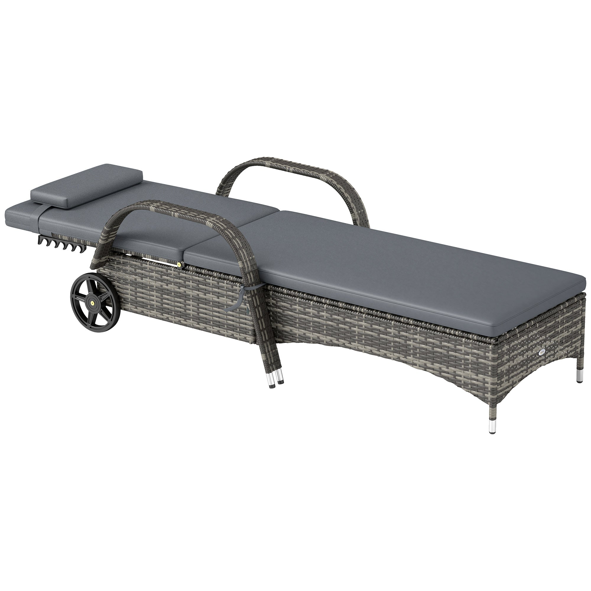 Outdoor Chaise Lounge, 5-Level Adjustable Backrest Rattan Pool Lounge Chair with Wheels, Cushion & Headrest