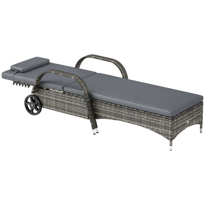 Outdoor Chaise Lounge, 5-Level Adjustable Backrest Rattan Pool Lounge Chair with Wheels, Cushion & Headrest