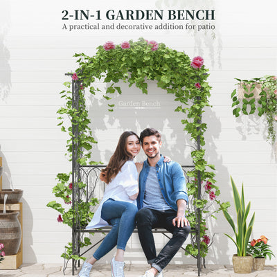 Metal Trellis Arbor Arch for Climbing Plants with Garden Bench, Grow Grapes and Vines, Decorative Seating,  Black