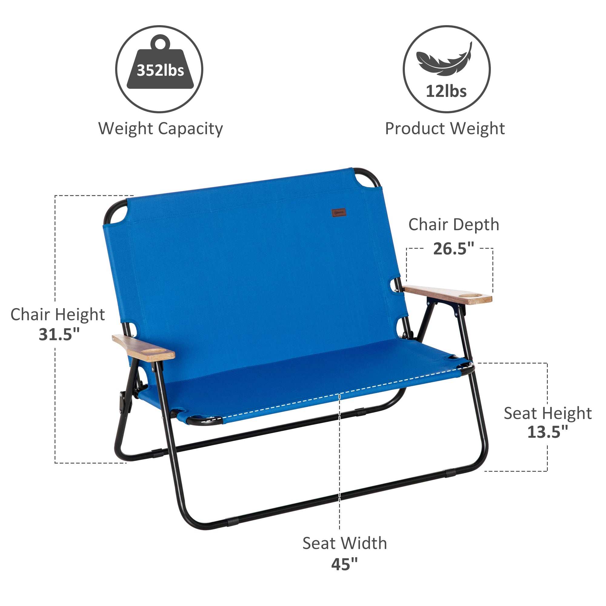 Double Folding Camping Chair, Loveseat for 2 Adults, Portable Camping Couch with Wood Armrest & Cupholders, for Backpacking, Beach, Sports Travel