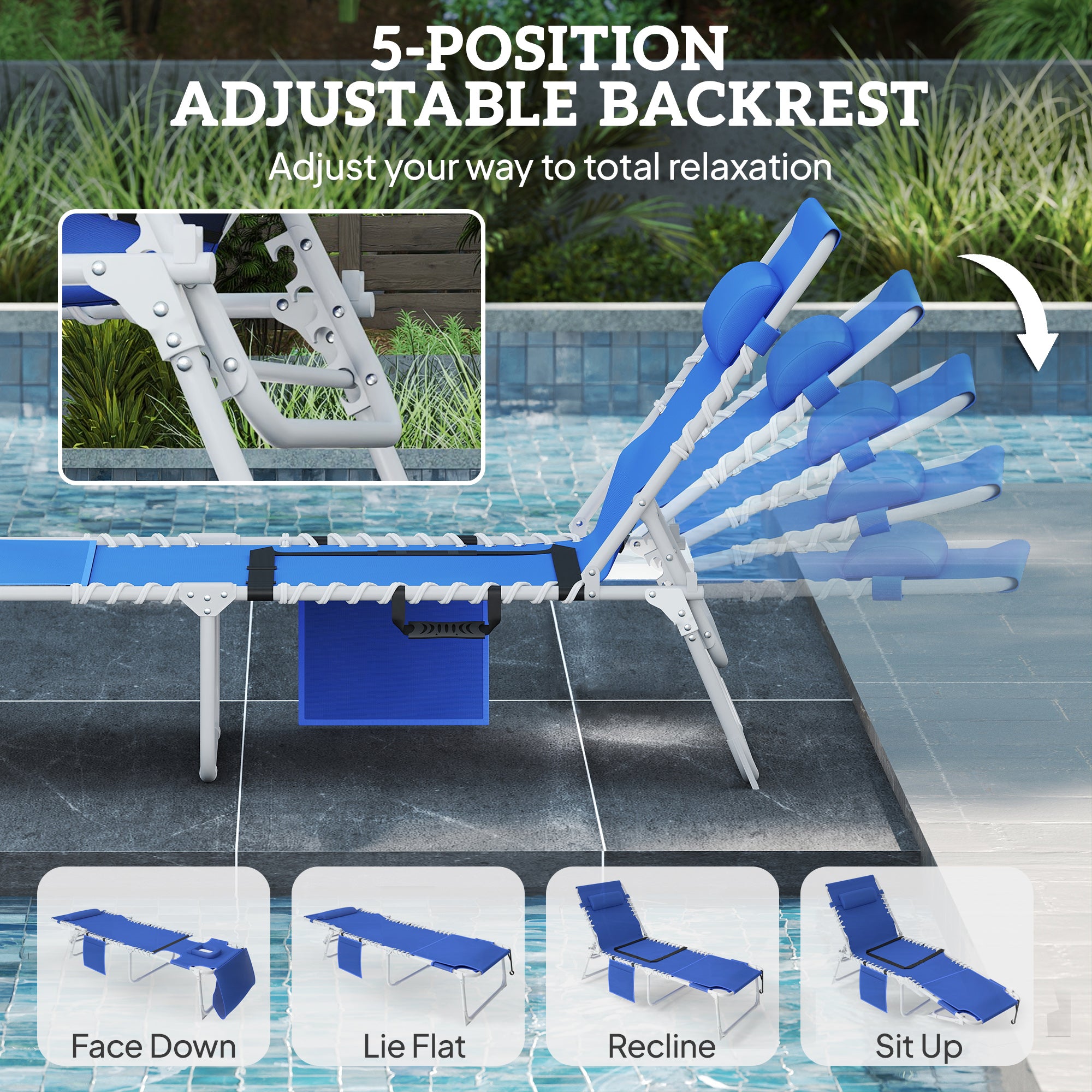 Tanning Chair Set of 2 with Face Hole and Side Table, 5-Position Folding Outdoor Chaise Lounge Chair