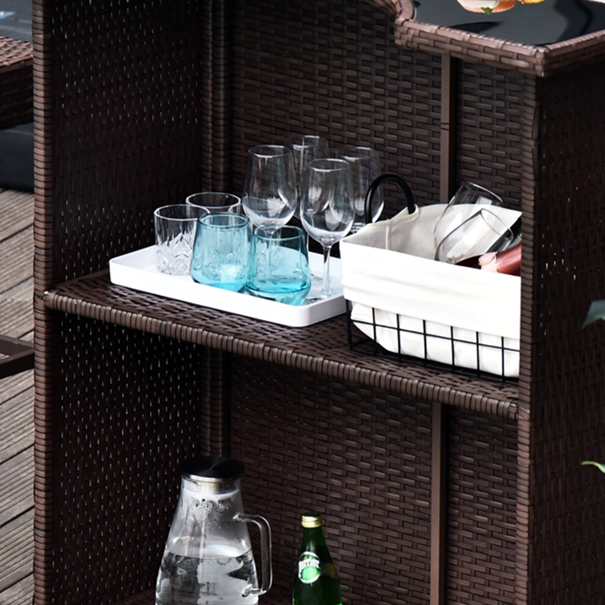 5 Piece Wicker Outdoor Bar Set, High Top Outdoor Table and Chairs, Height Patio Set with Glass Table Top 2 Tier Storage Shelf and 4 Bar Stools for Garden, Poolside, Dark Brown