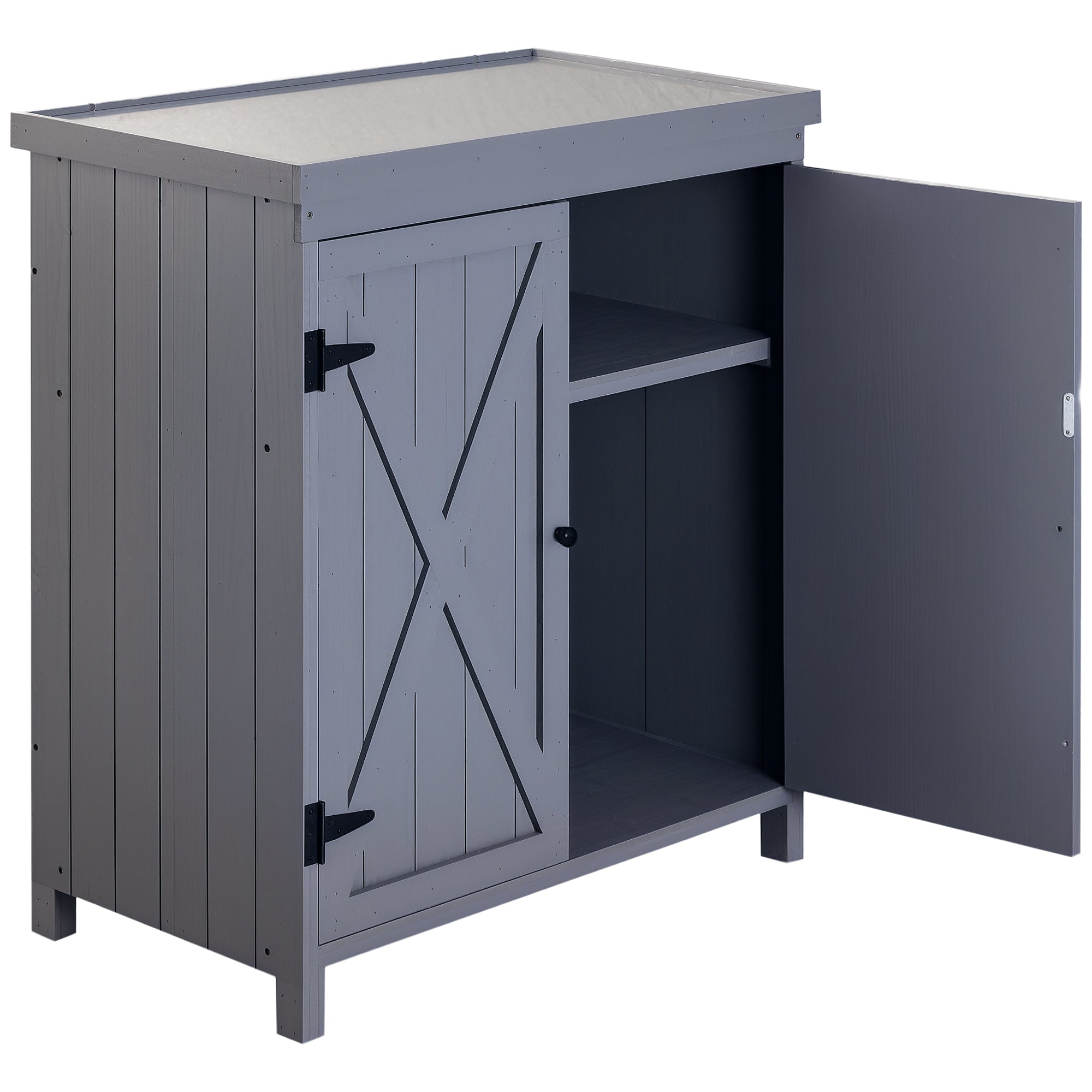 Outdoor Storage Cabinet, Outdoor Tool Shed with Galvanized Top and Two Shelves for Yard Tools or Pool Accessories