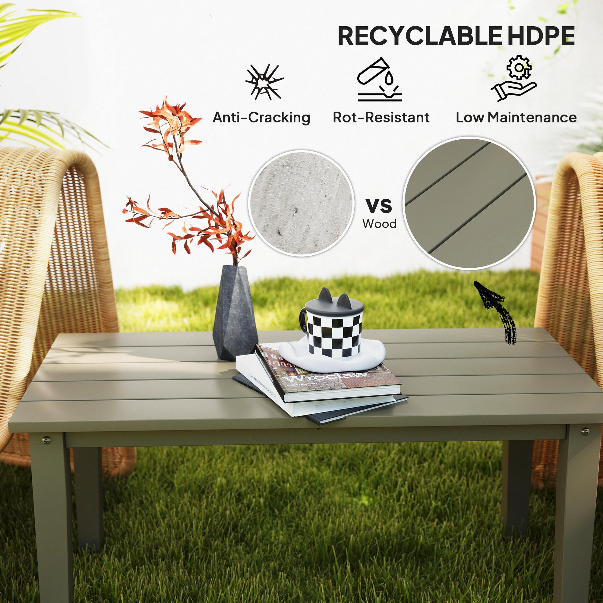 Rectangle Outdoor Coffee Table, HDPE All-Weather Outdoor Patio Table with Slatted Tabletop for Yard, Balcony