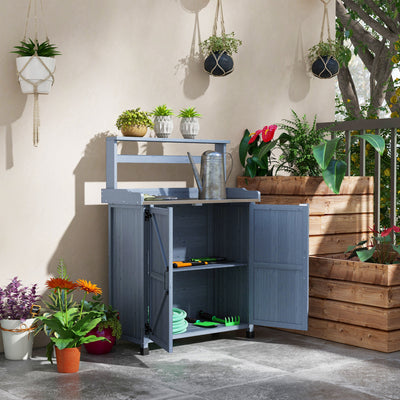 Outdoor Wooden Potting Bench with Storage Cabinet, Shelves, Galvanized Plated Tabletop for Backyard, Balcony