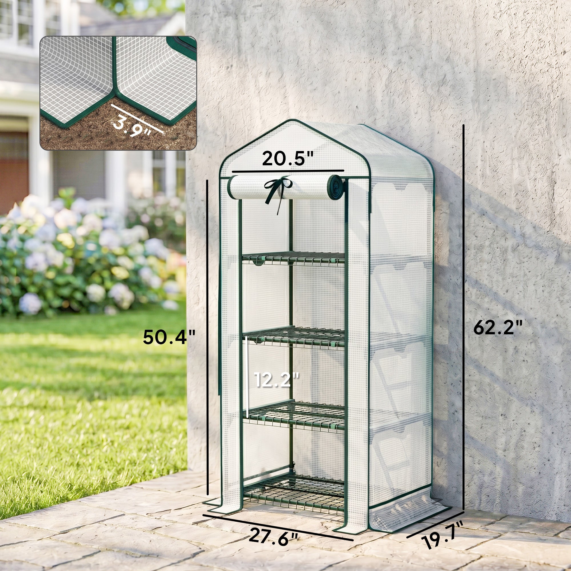Mini Greenhouse with Screen Roof, 4 Tier Portable Small Greenhouse with High Strength PE Cover