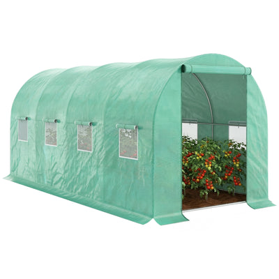 15' x 7' x 6.5' Walk-in Tunnel Hoop Greenhouse, Green House for Outside with PE Cover, Steel Frame, Roll-Up Zipper Door & Windows for Flowers, Vegetables, Tropical Plants, Green