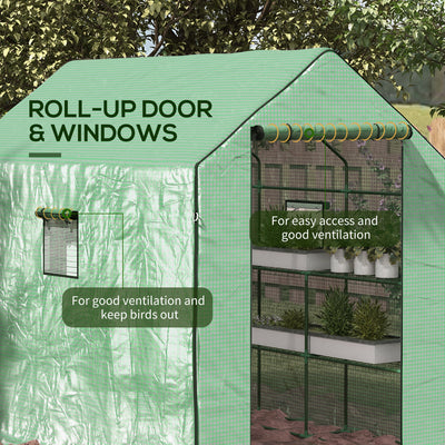 4.6' x 4.7' Portable Greenhouse, Water/UV Resistant Walk-In Small Outdoor Green House with 2 Tier U-Shaped Flower Rack Shelves, Roll Up Door & Windows