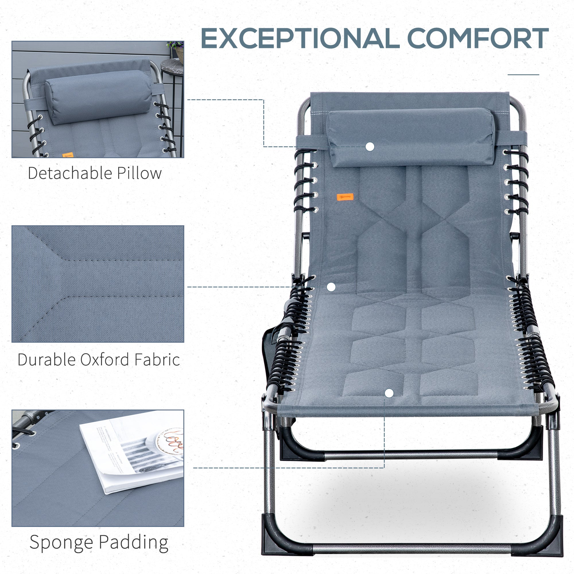 Padded Folding Chaise Lounge Chair, Outdoor 6-Level Reclining Camping Tanning Chair with Headrest for Beach, Yard, Patio, Pool