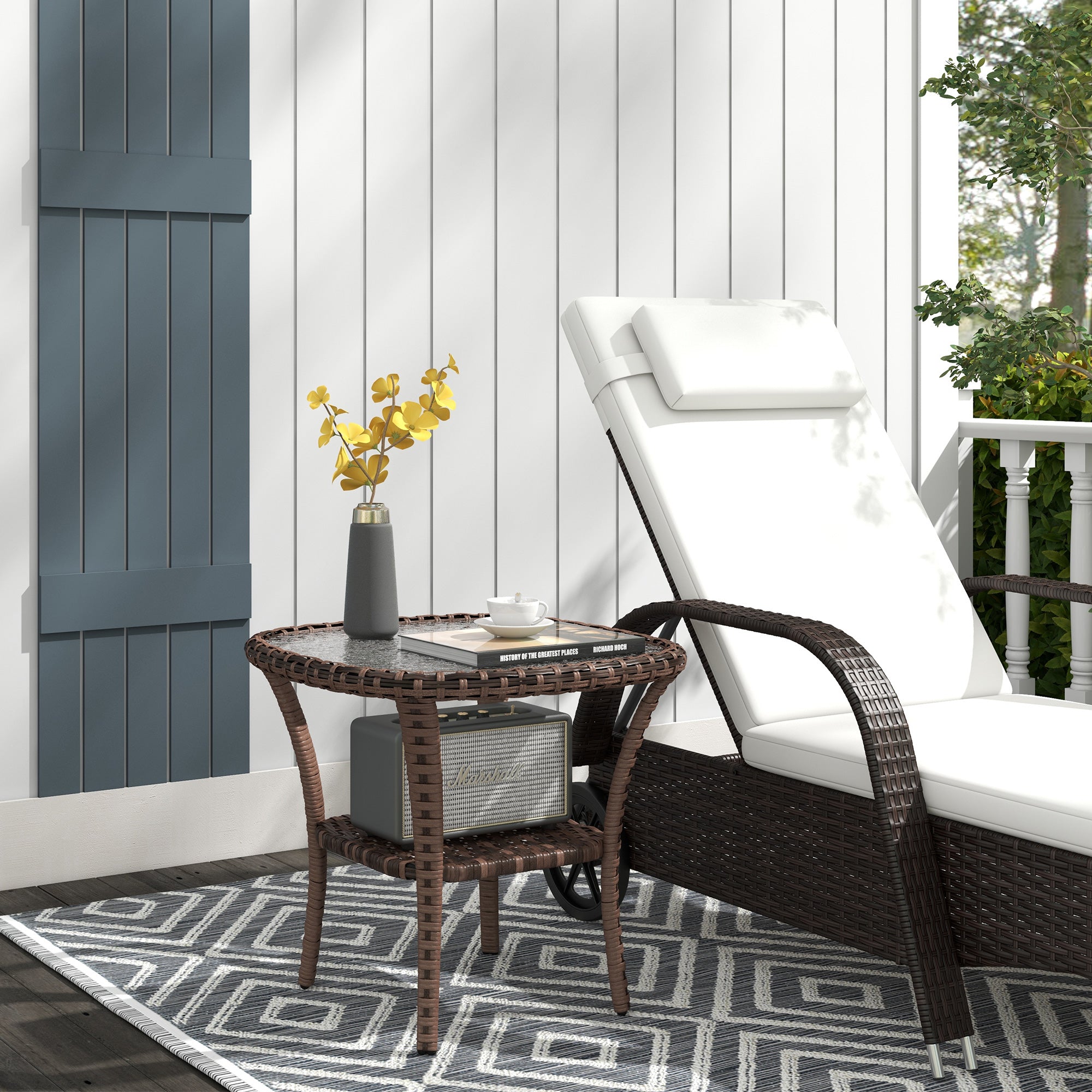Outdoor Coffee Table with Storage Shelf, Hand-Woven Wicker Side Table with Water-Ripple Glass Top