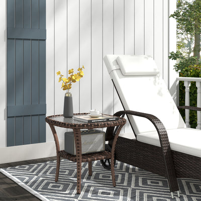 Outdoor Coffee Table with Storage Shelf, Hand-Woven Wicker Side Table with Water-Ripple Glass Top