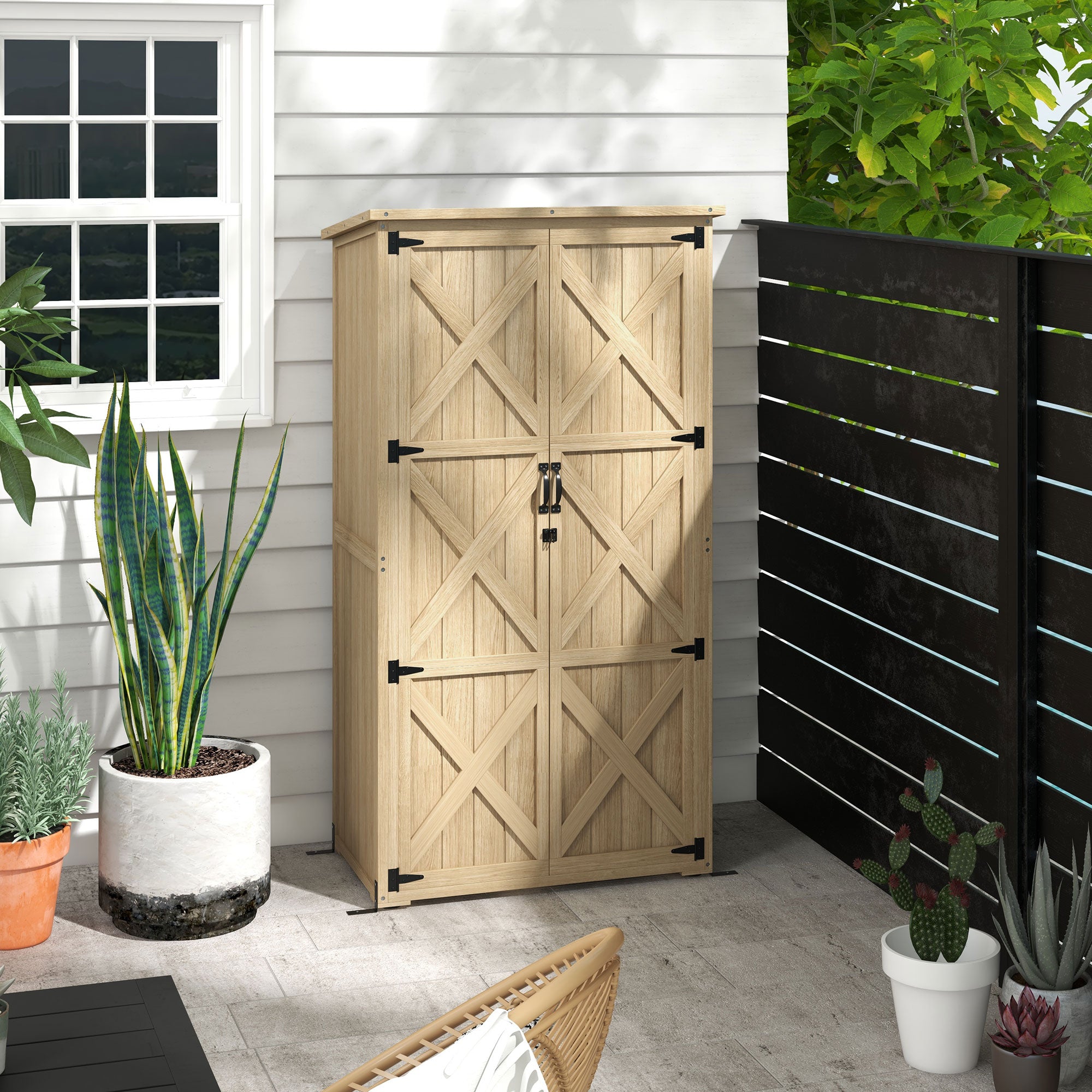 Wooden Outdoor Storage Cabinet Garden Shed with Waterproof Asphalt Roof and Lockable Doors