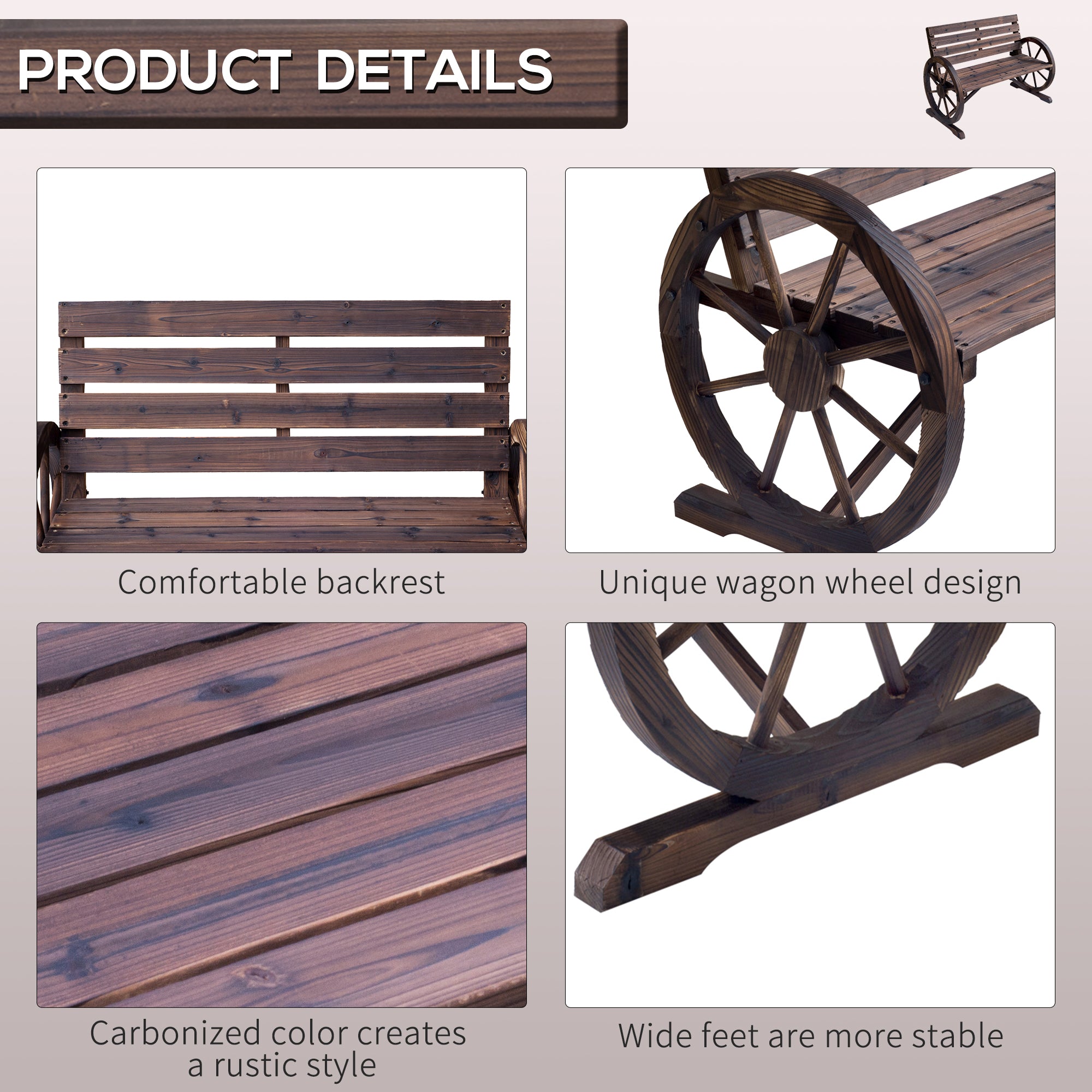 41" Wooden Wagon Wheel Bench, Rustic Outdoor Patio Weather Resistance Furniture, 2-Person Slatted Seat Bench with Backrest, Carbonized