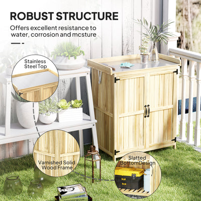 Outdoor Storage Cabinet, Garden Tool Shed with Metal Tabletop and Shelf, Wooden Potting Bench with 2 Doors
