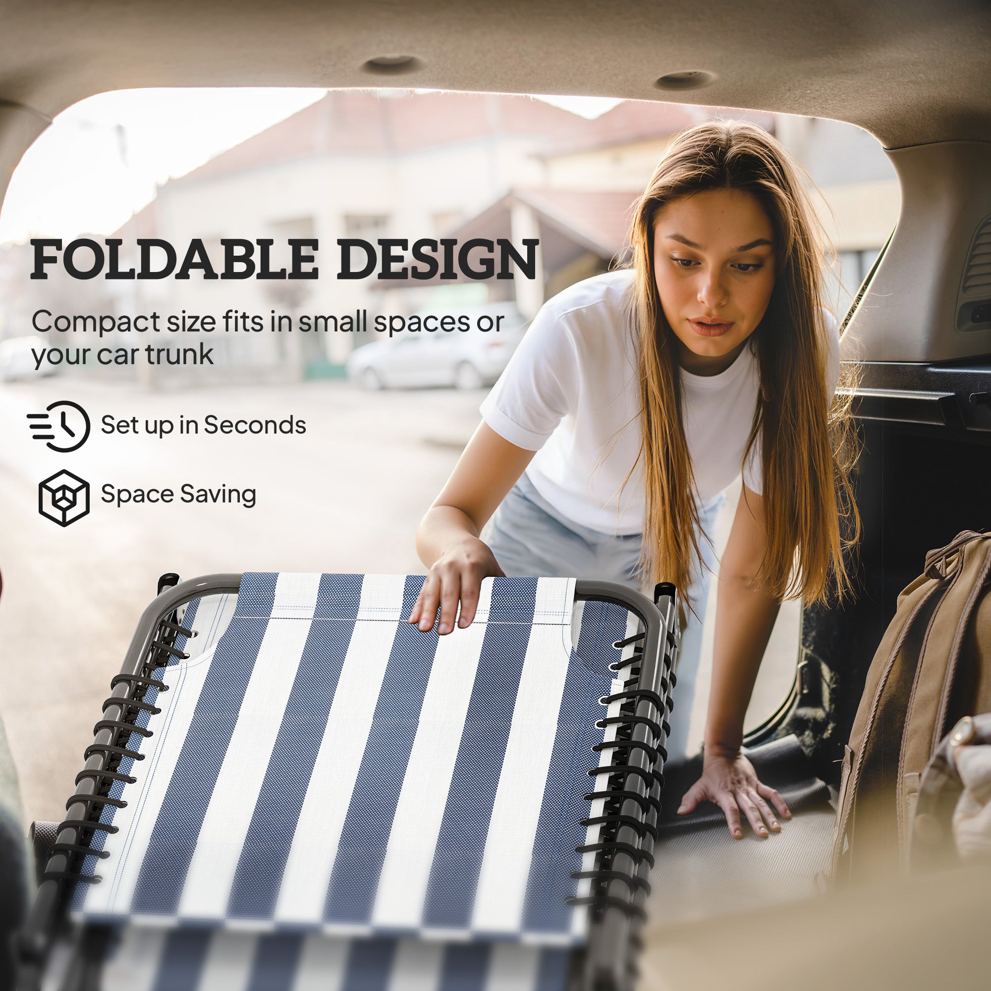 Folding Chaise Lounge Pool Chair with 4-Position Reclining Back, Pillow, Breathable Mesh & Bungee Seat, Blue & White