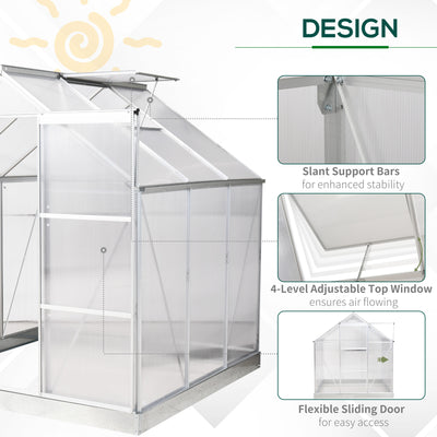 6' x 6' Hobby Greenhouse, Walk-in Polycarbonate Hot House Kit with Aluminum Frame, Sliding Door, Roof Vent, Silver