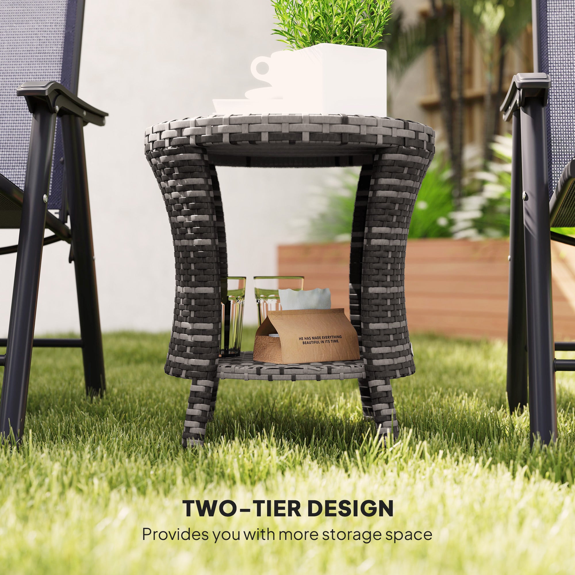 18" Wicker Outdoor Coffee Table, PE Rattan Patio Side Table with 2-Tier Storage, Composite Wood Top