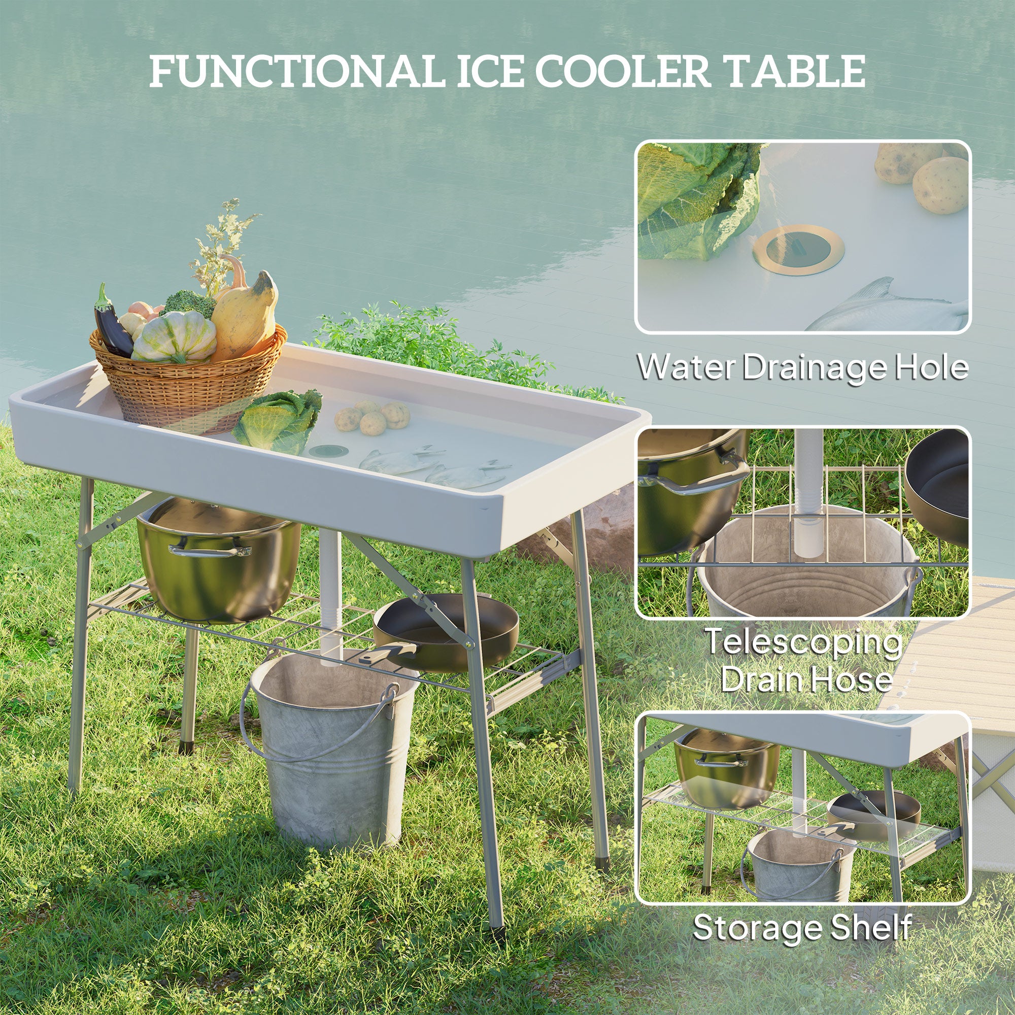 3.4ft Folding Ice Cooler Table with Drain, Fill and Chill Table Outdoor Table Cooler with Storage Shelf, Drink Cooler for Parties Picnic BBQ Camping Wedding