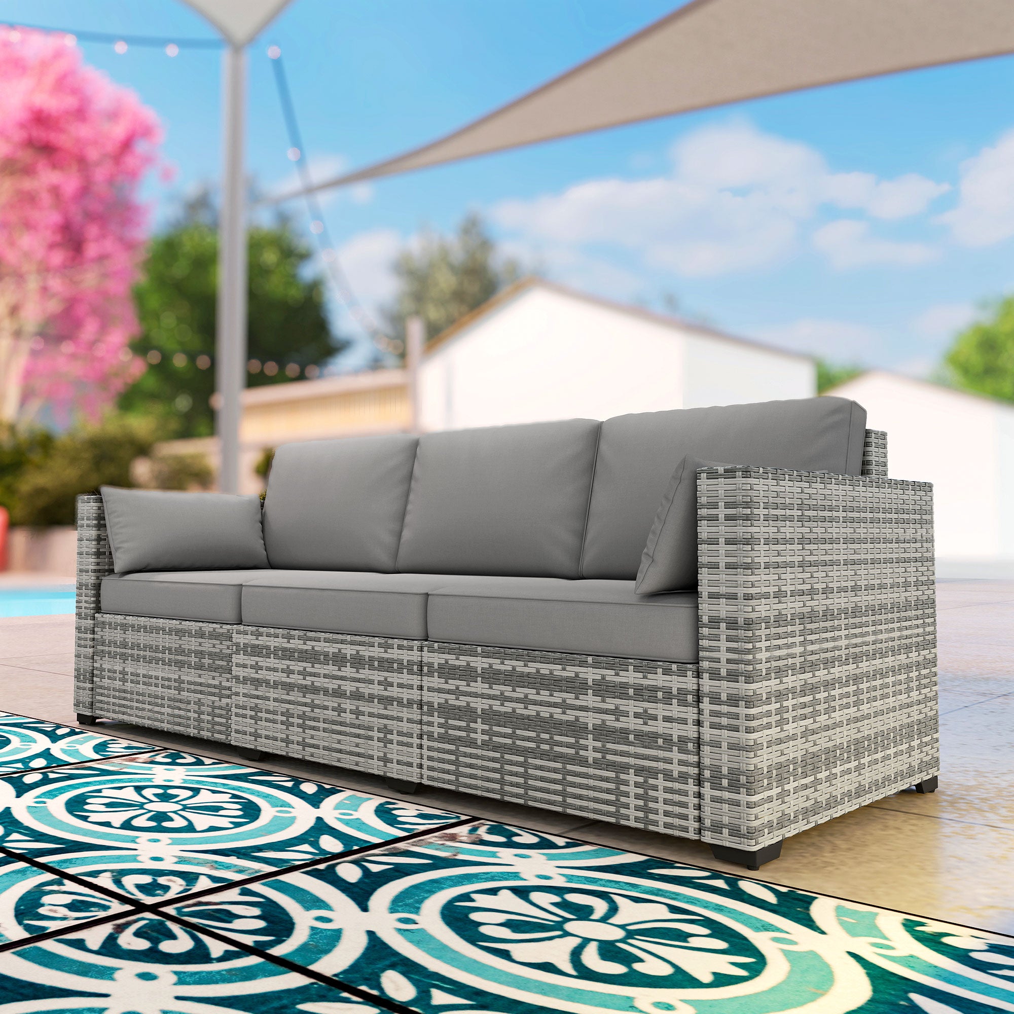 Patio Couch PE Wicker Deep Seating Outdoor Sofa with Removable Cushions, 3 Seater Rattan Sofa, Outdoor Furniture for Balcony, Deck, Garden and Poolside