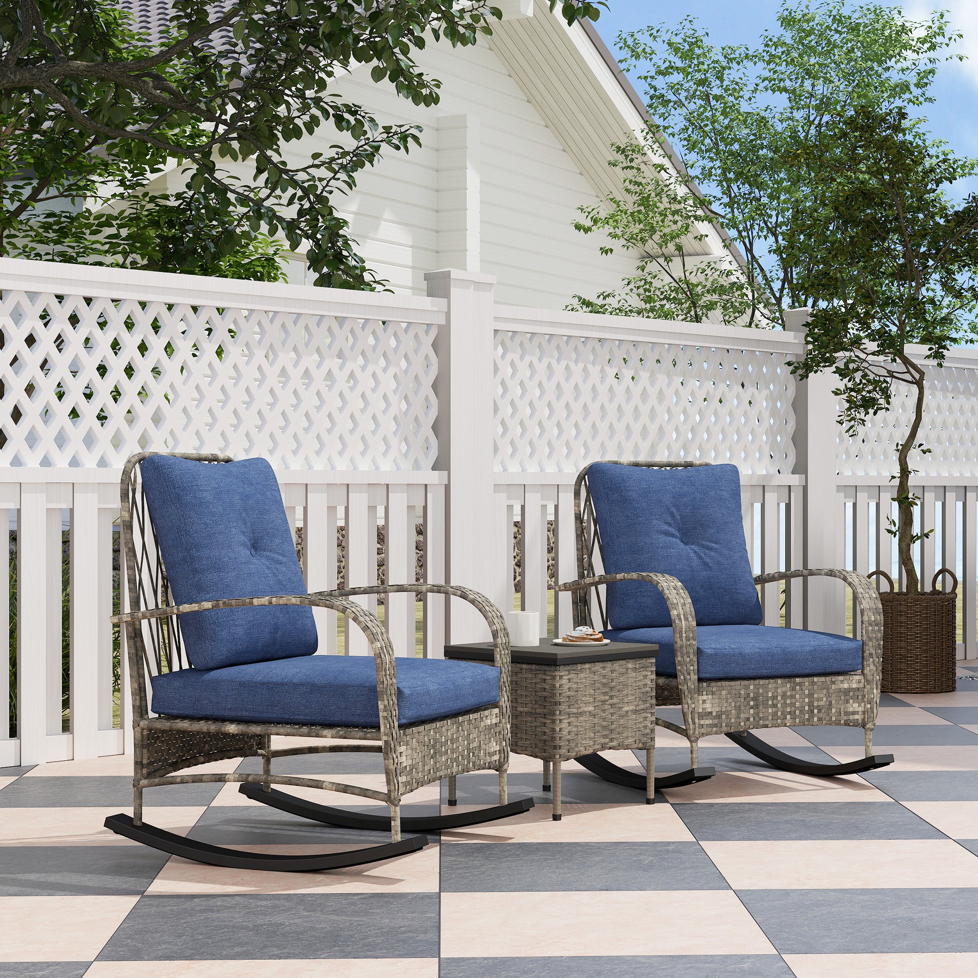 3 Piece Wicker Patio Furniture Set, Outdoor PE Rattan Rocking Chairs with Coffee Table, Cushions for Porch