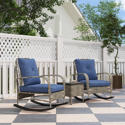 3 Piece Wicker Patio Furniture Set, Outdoor PE Rattan Rocking Chairs with Coffee Table, Cushions for Porch