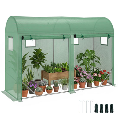 10' x 3' x 7' Walk-in Lean-to Greenhouse, Steel, 4 Zipper Roll-up Windows & 2 Doors, UV Protecting PE Cover for Growing Flowers, Vegetables, Tropical Plants, Saplings, Succulents, Green