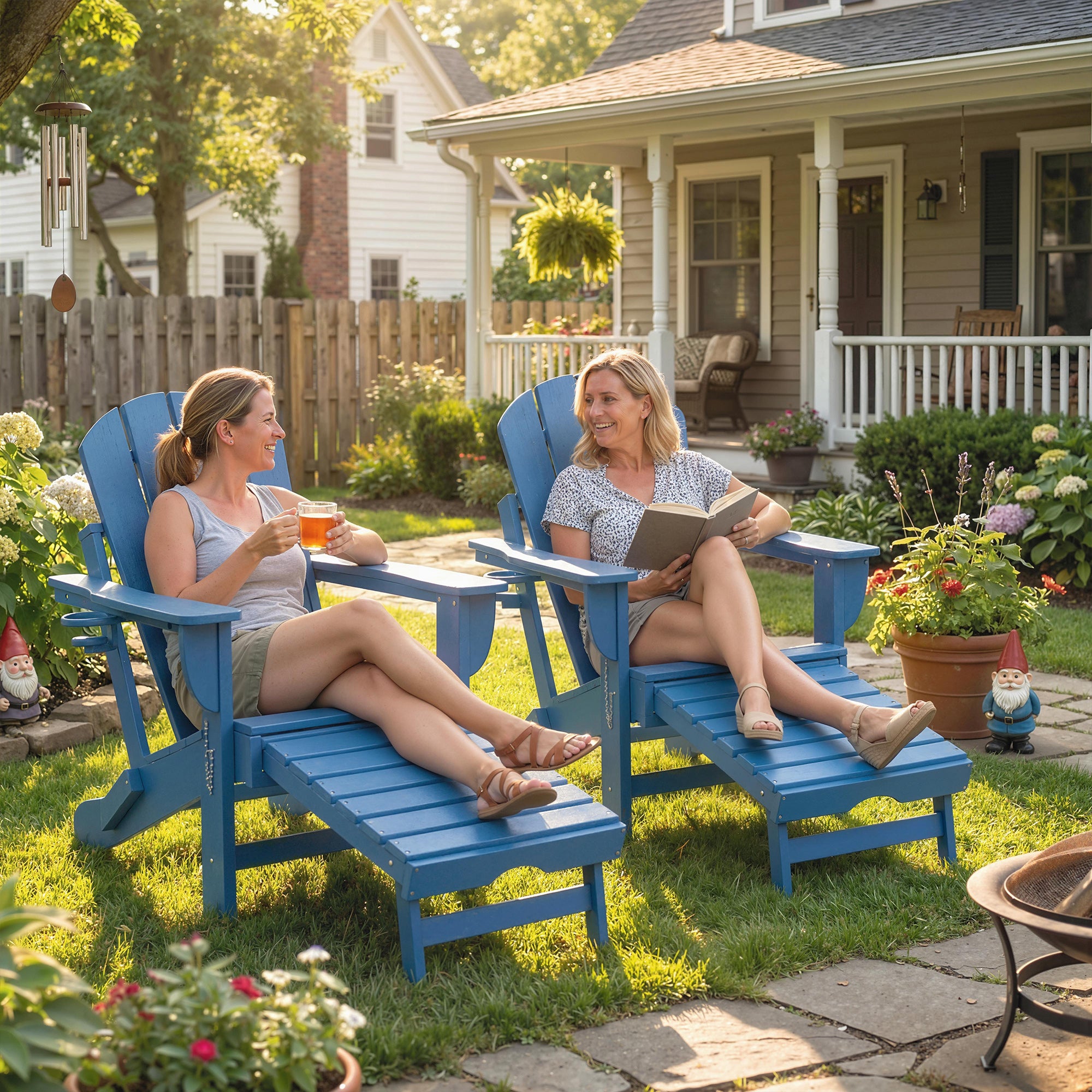 Folding Adirondack Chair Set of 2, HDPE Fire Pit Chair with Retractable Ottoman and Cup Holder