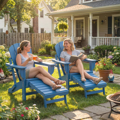 Folding Adirondack Chair Set of 2, HDPE Fire Pit Chair with Retractable Ottoman and Cup Holder
