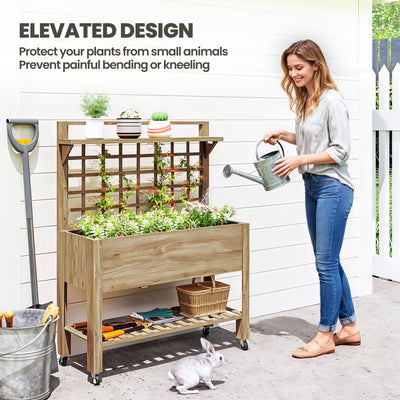 41" Raised Garden Bed Mobile Elevated Wooden Planter Box Stand with Wheels, Trellis and Storage Shelf