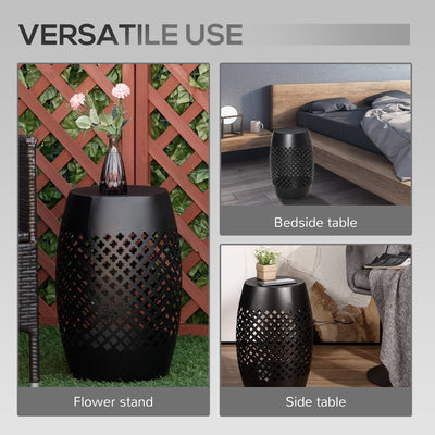12" Steel Outdoor Side Table, Round Hollow Drum Patio End Table, Accent Table for Indoor and Outdoor