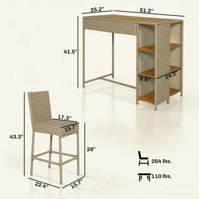 5 Piece Wicker Outdoor Bar Set, Acacia Wood Outdoor High Top Table and Chairs with 3 Tier Shelves, Cushions
