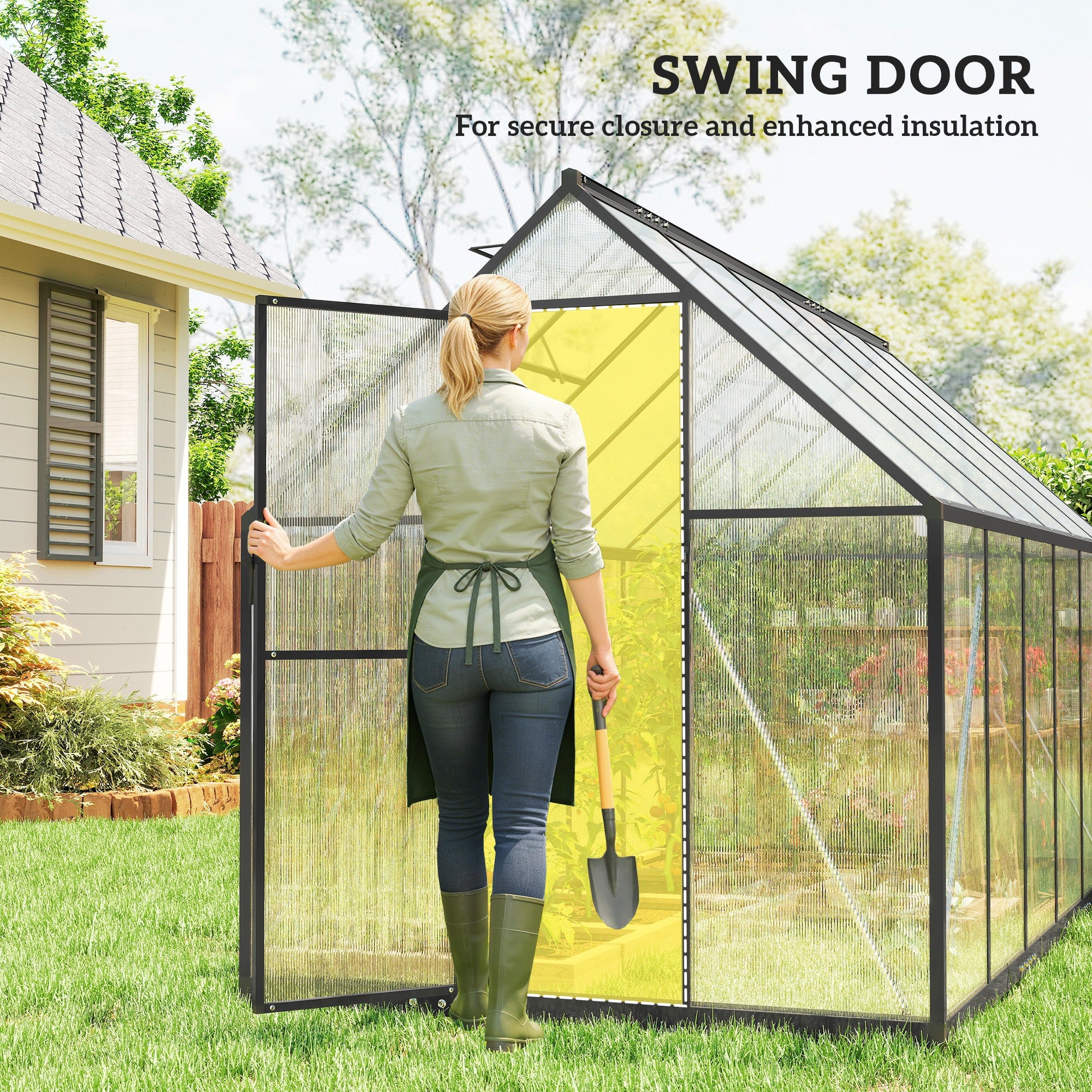 Polycarbonate Greenhouse with Swing Door and Two Adjustable Roof Vents, Aluminum Walk-in Greenhouse, 11x6 ft