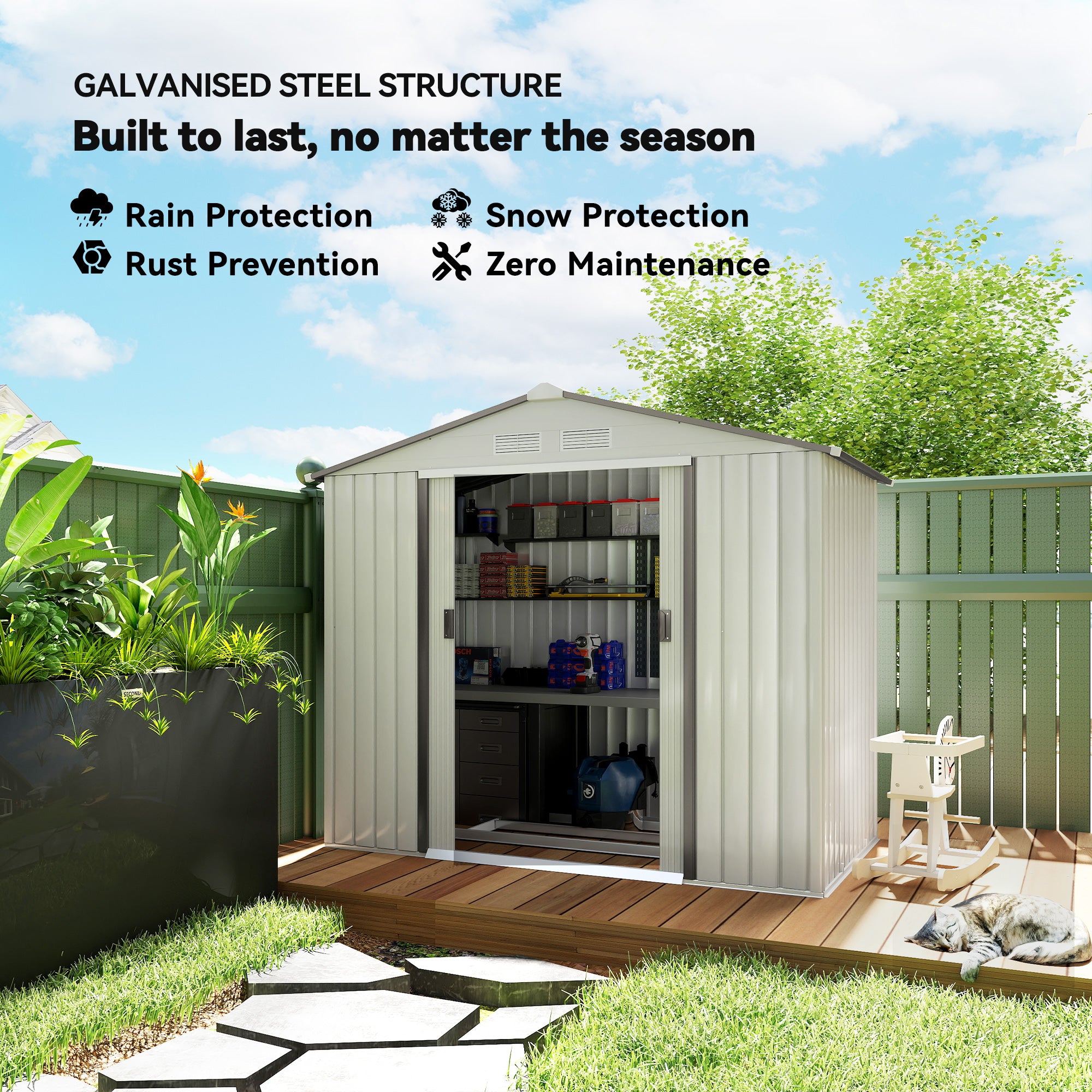7' x 4' Outdoor Storage Shed, Garden Tool Metal Shed with Foundation Kit, Double Lockable Door, Air Vents and Sloping Roof, for Backyard, Patio, Lawn