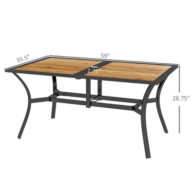 Rectangular Patio Table with Umbrella Hole, Faux Wood Rectangle Outdoor Dining Table for 6 People for Garden, Brown