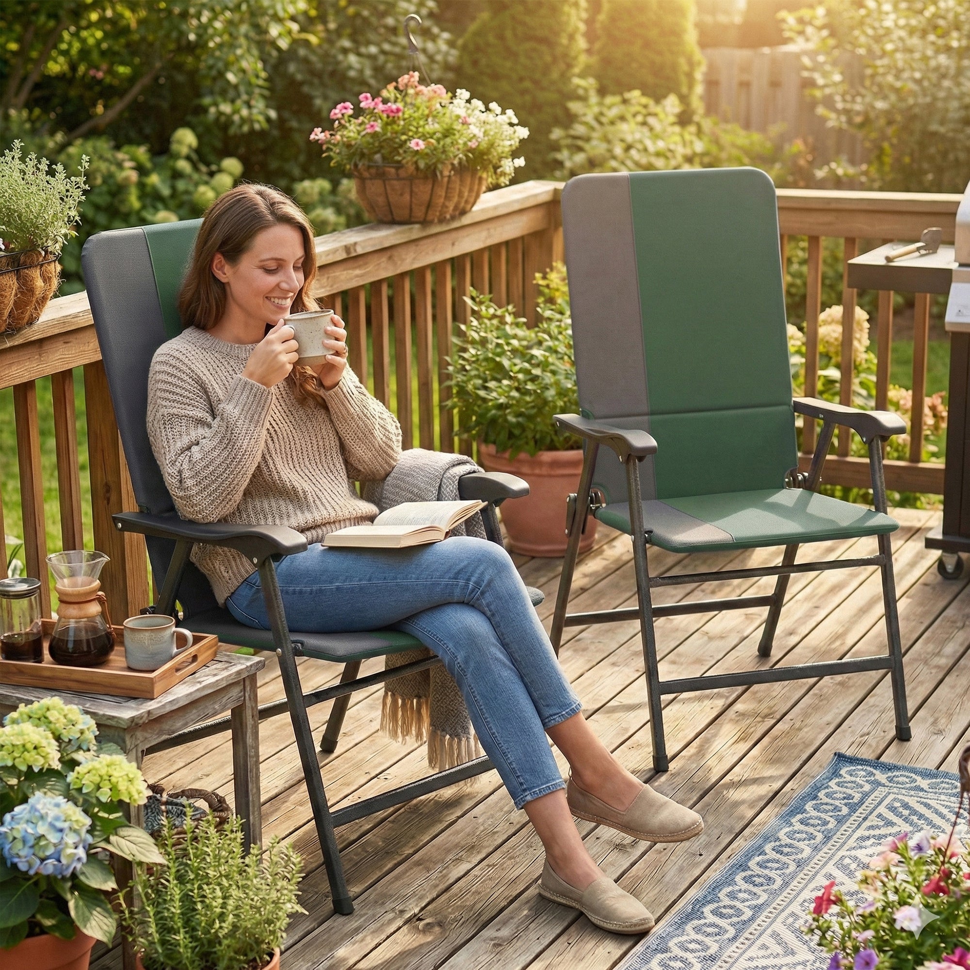 Folding Patio Chairs Set of 2, Padded High Back Lawn Camping Chairs with Armrests, 600D Oxford Fabric