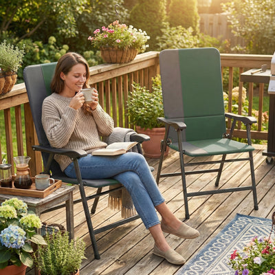 Folding Patio Chairs Set of 2, Padded High Back Lawn Camping Chairs with Armrests, 600D Oxford Fabric
