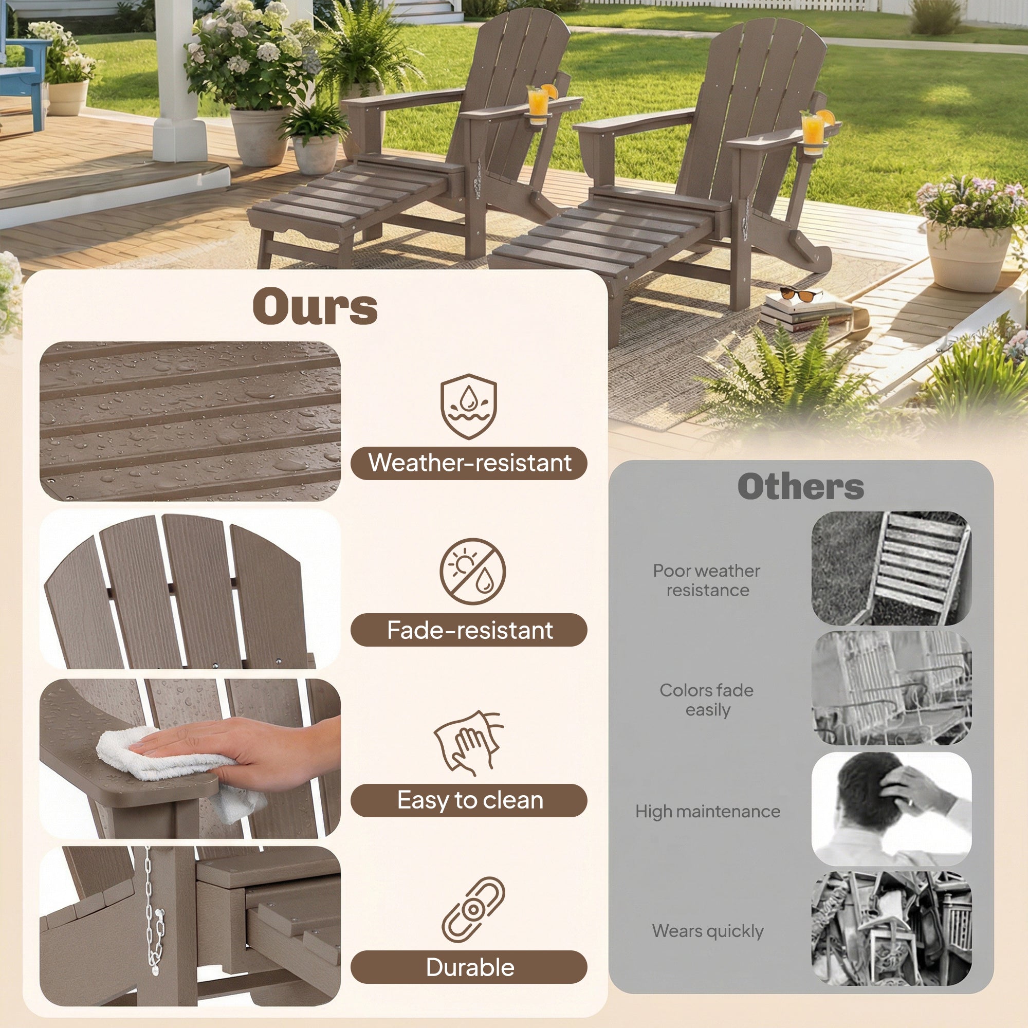 Folding Adirondack Chair Set of 2, HDPE Fire Pit Chair with Retractable Ottoman and Cup Holder