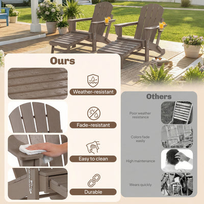 Folding Adirondack Chair Set of 2, HDPE Fire Pit Chair with Retractable Ottoman and Cup Holder